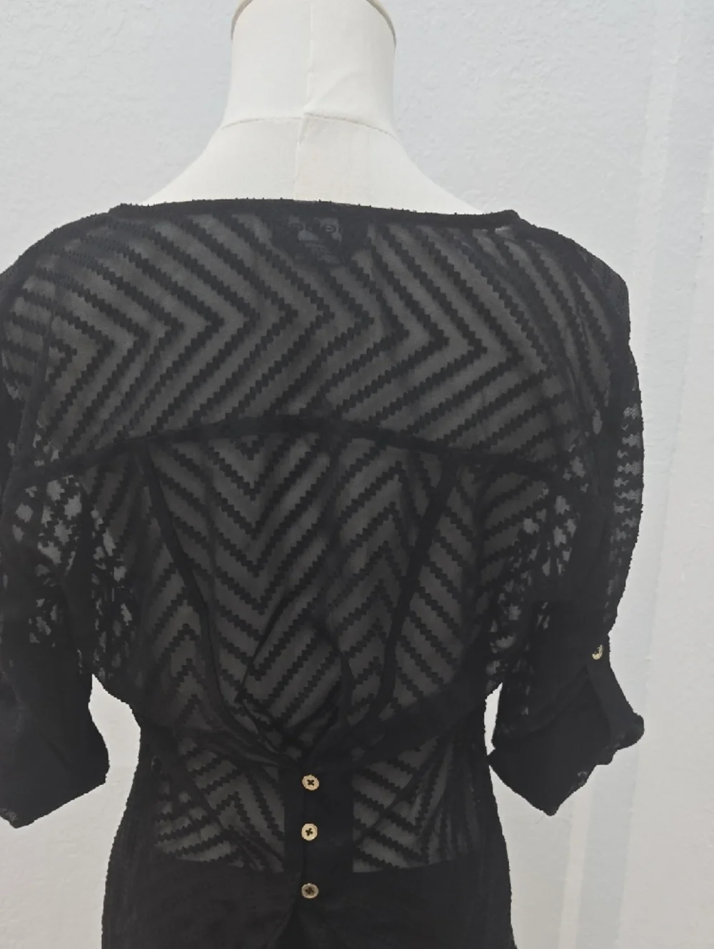 bebe Black Sheer Chevron Top with Gold Buttons - Picture 4 of 8